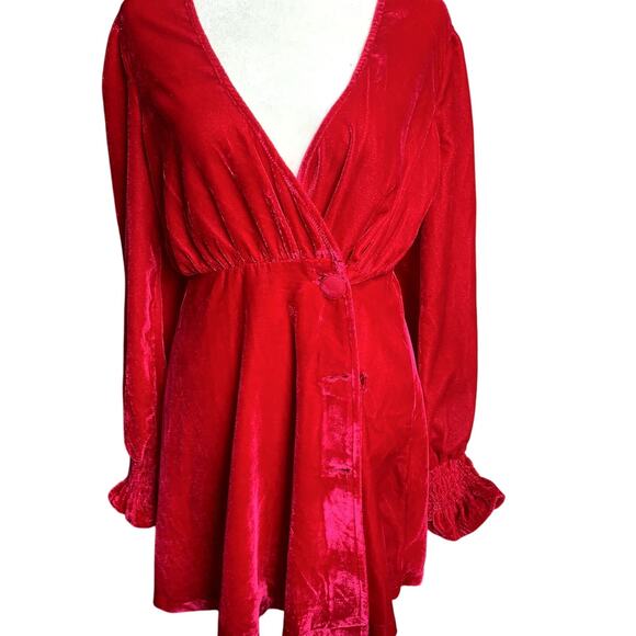 ASOS Red Romantic Whimsigoth Velvet Felt Belted Long Sleeve Mini Wrap Dress - Picture 1 of 12